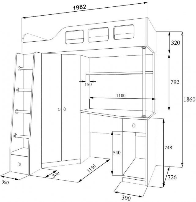 Кровать-чердак Астра 7 дуб молочный / дуб молочный