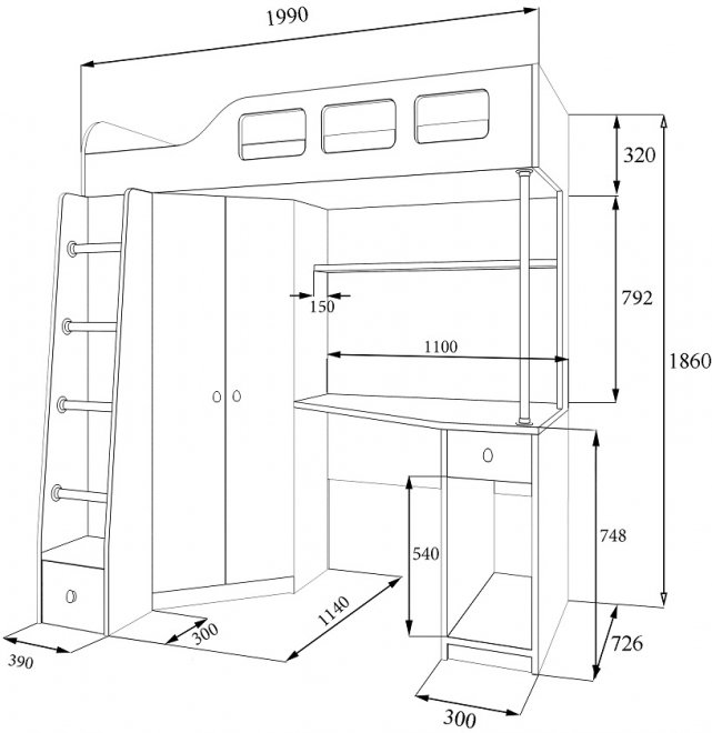 Кровать-чердак Астра 7 дуб сонома / железный камень