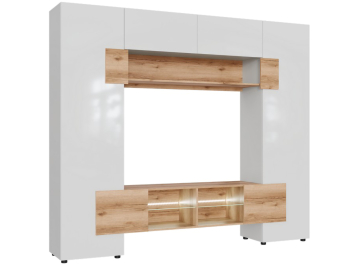 Готовая гостиная Ривьера НМ белая шагрень / дуб крафт золотой / глянцевая белая