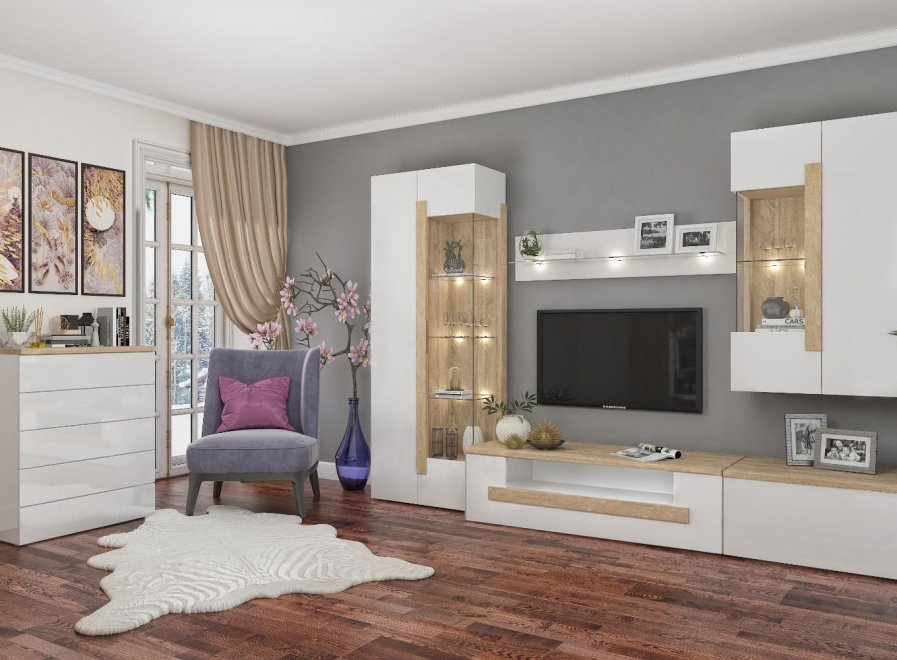 Модульная гостиная Куба c-3 композиция №3 дуб сонома / белый матовый комплектация 7