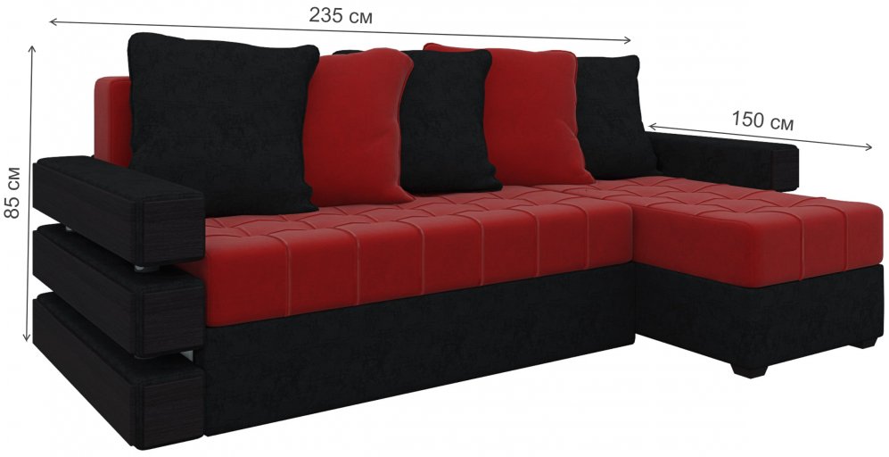 Диван угловой Сорен правый микровельвет красный / черный