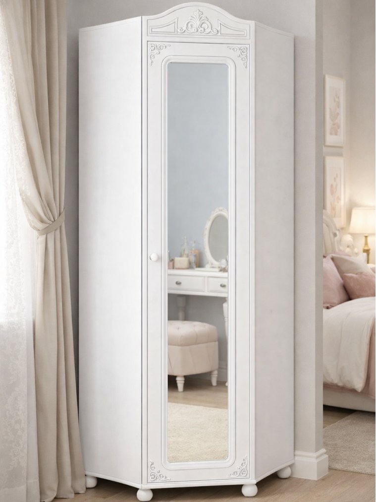 Шкаф Ассоль АС-522К с короной и зеркалом правый белое дерево