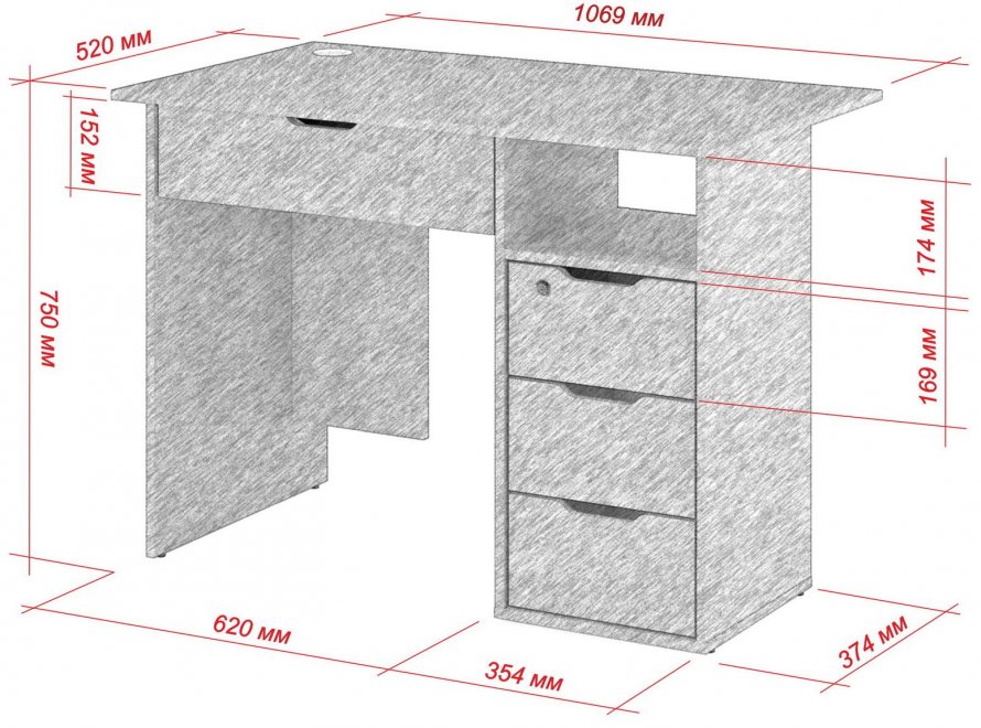 Письменный стол Банга-53-Я 107x75x52 правый с ящиком орех