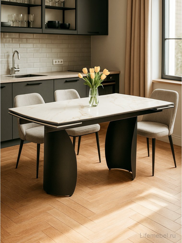 Керамический стол Готланд 160(220)х90х79 белый мрамор / черный