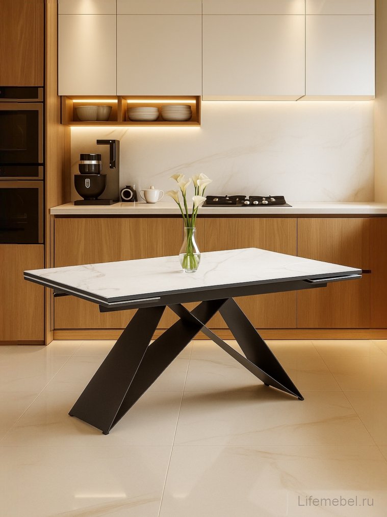 Керамический стол Ноттингем 160(220)х90х79 белый мрамор / черный