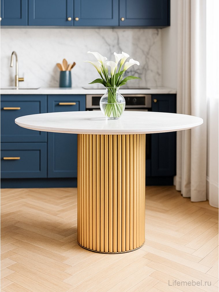 Керамический стол Барел 110 onyx bianco soft satin / золотой