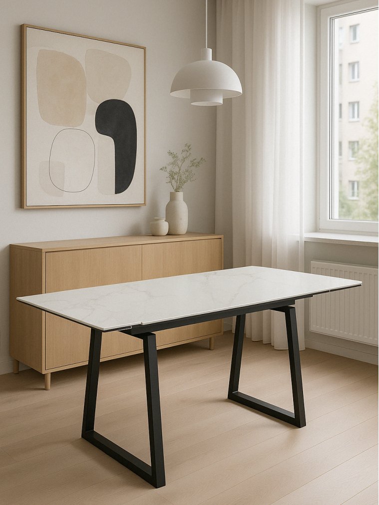 Керамический стол Джек 140(200)х80 белый мрамор alpin white / черный