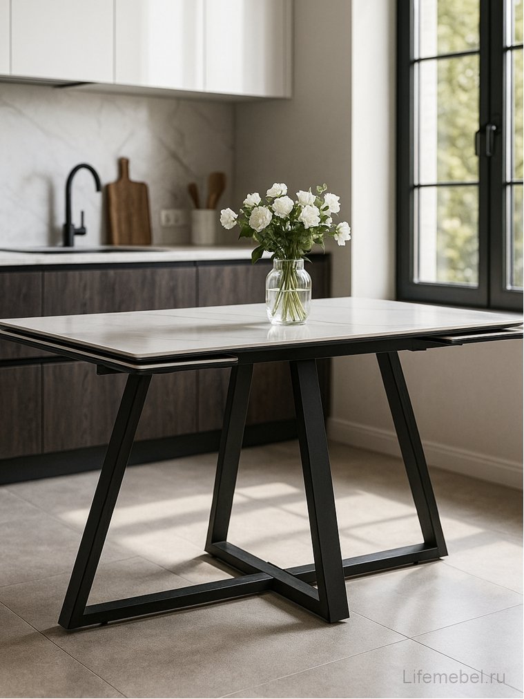 Керамический стол Памелла 140(200)х80х75 белый мрамор snow white / черный