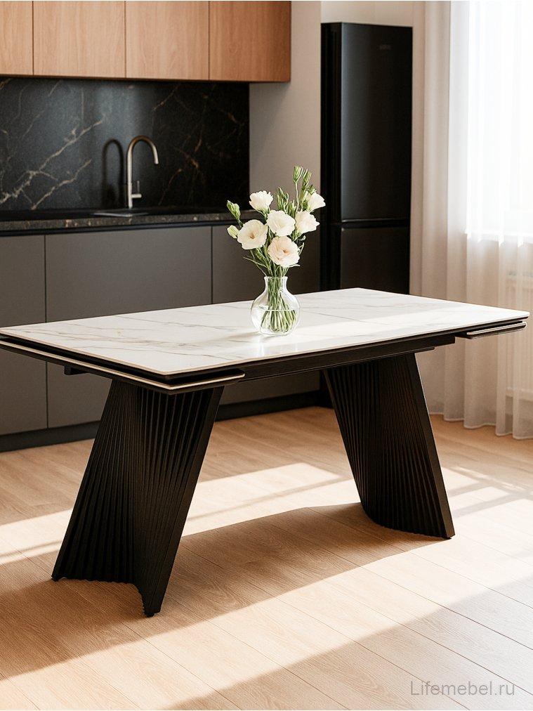 Керамический стол Вейв 140(200)х80 белый мрамор snow white / черный