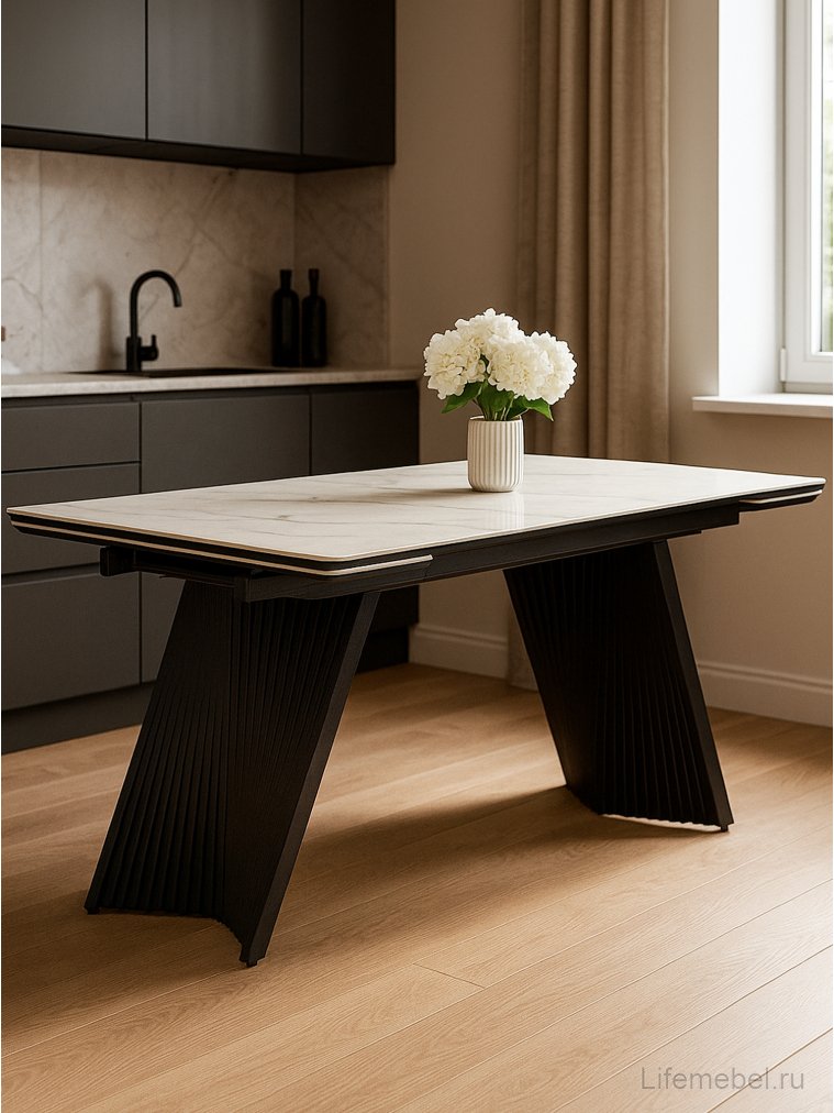 Керамический стол Вейв 160(220)х89 белый с прожилками gilt white / черный