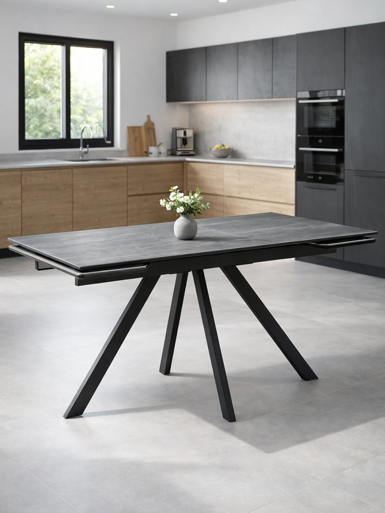 Керамический стол Вилли 140(200)х80 серый мрамор larka grey / черный