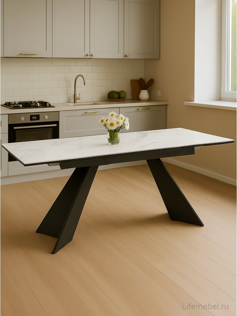 Керамический стол Ливи 140(200)х80х78 белый мрамор / черный