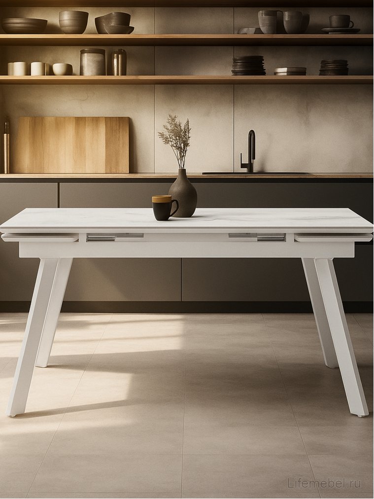 Керамический стол Норман 140 (200) х 80 белый мрамор alpin white / snow white / белый