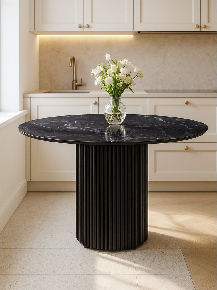 Стеклянный стол Барел 110 черный мрамор / черная пленка / черный