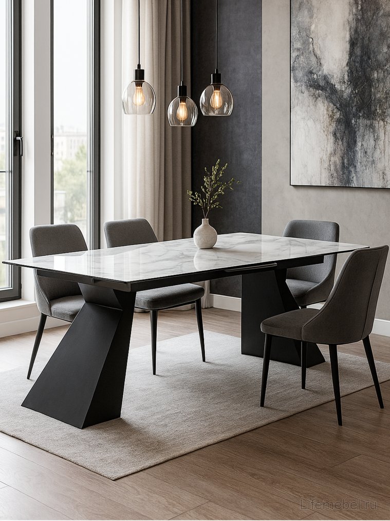 Стеклянный стол Денхольм 240(290)х100х75 белый мрамор / черный