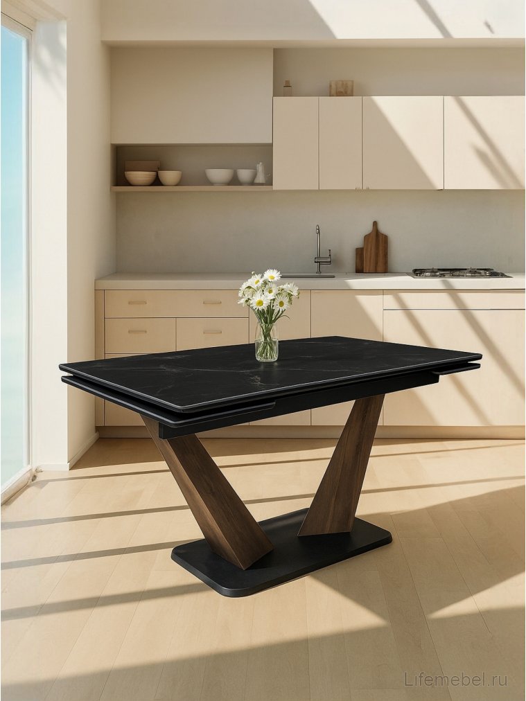 Керамический стол Кели 140(200)х80х76 черный мрамор / орех кантри / черный