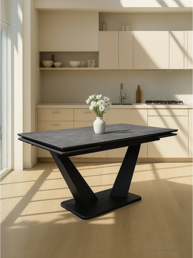 Керамический стол Кели 140(200)х80х76 серый мрамор / черный