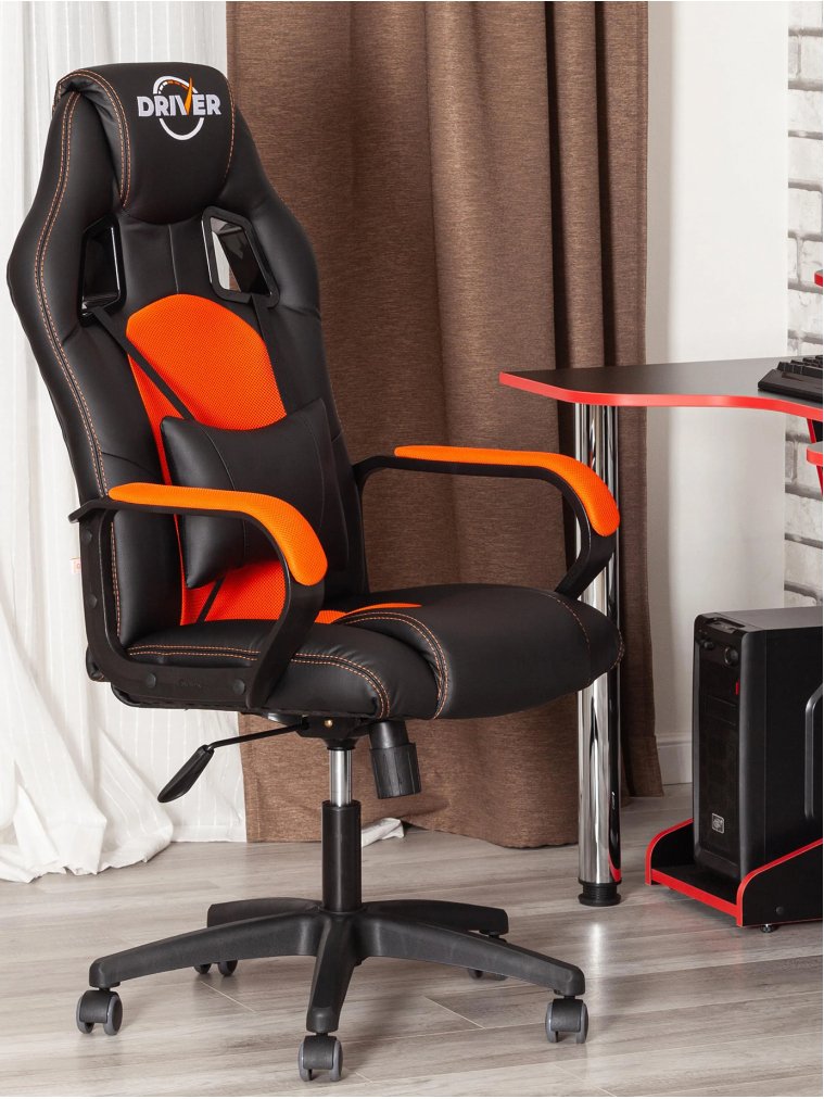 Компьютерное кресло Driver/Драйвер кожзам черный / ткань оранжевый