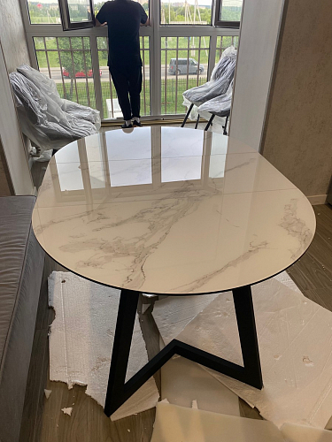 Стеклянный стол Алингсос 100(140)х100х76 белый / белая шагрень фото покупателя 7