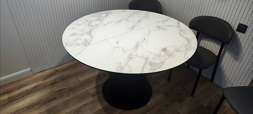 Стеклянный стол Фостер 120(160)х120х76 белый мрамор / черный фото покупателя 75